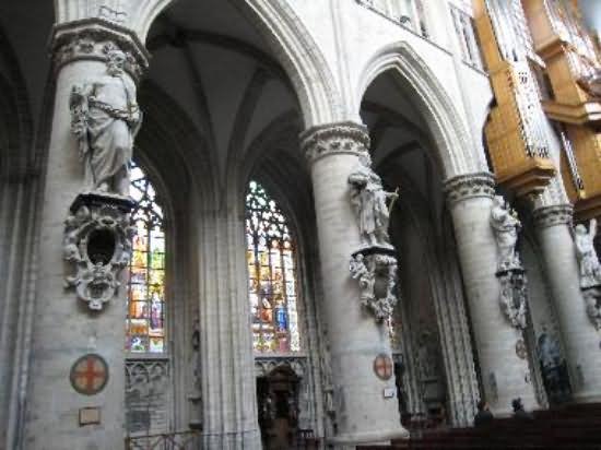 Statues On The Columns Of St. Michael And St. Gudula Cathedral