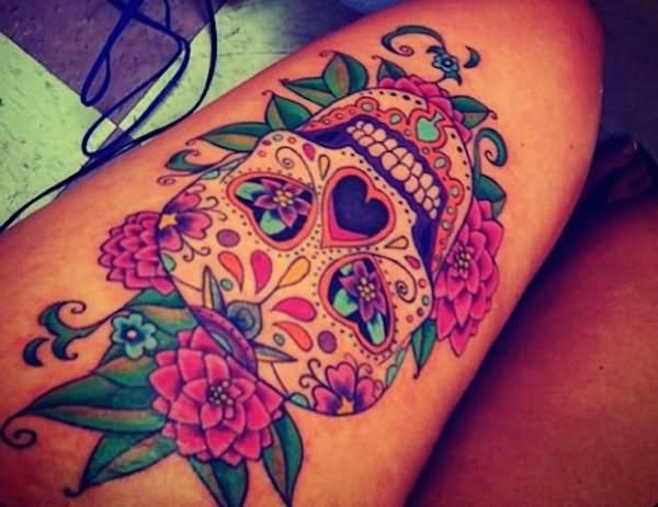 Sugar Skull And Flowers Tattoos On Thigh