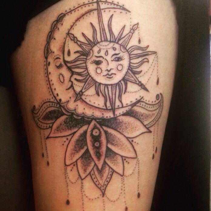 Sun And Moon Grey Ink Tattoo On Left Thigh