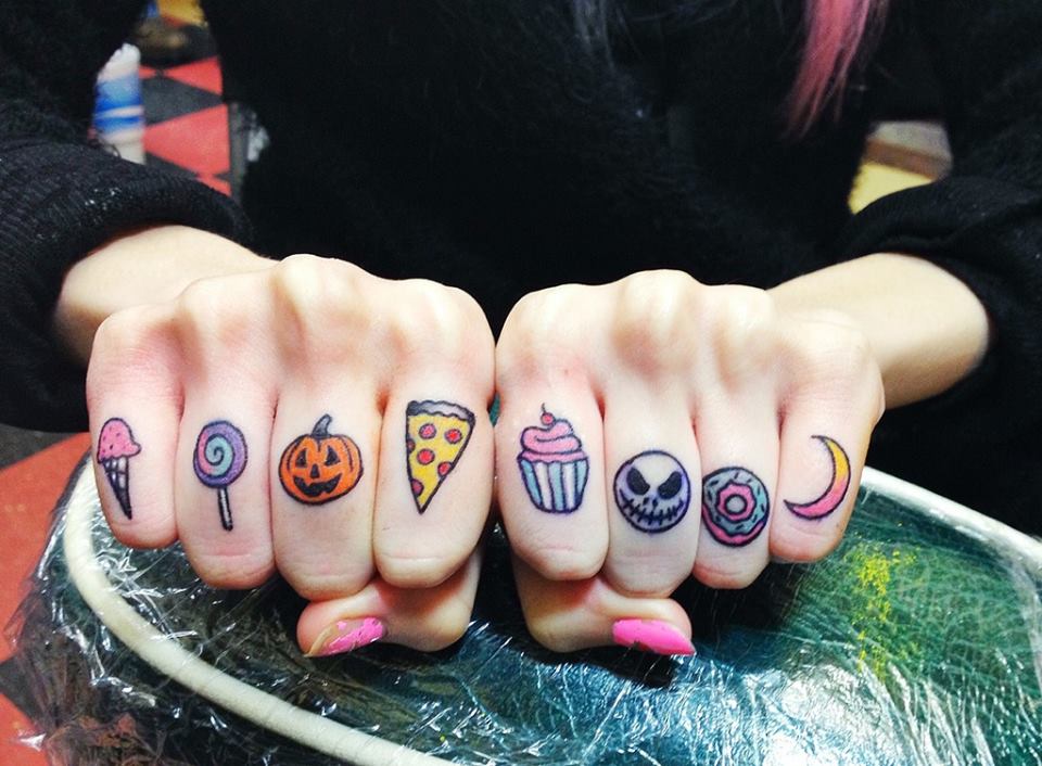Sweet Candy Tattoos On Knuckle Fingers