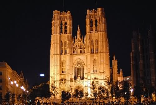 The Cathedral of St. Michael and St. Gudula Front Picture At Night