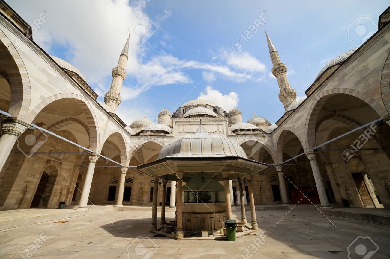 The Courtyard With Ablution Fountain In The Middle Of Sehzade Mosque In Istanbul