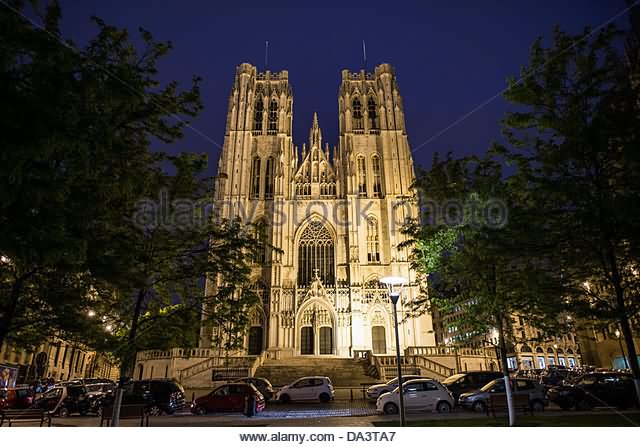The Front Of The Cathedral of St. Michael and St. Gudula At Night