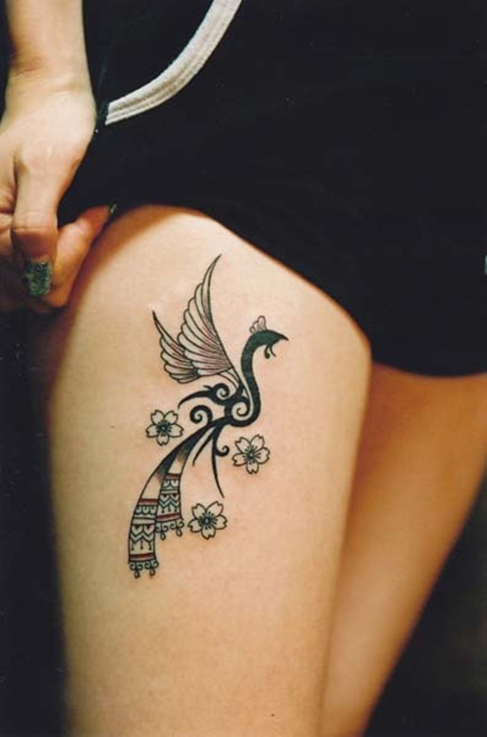 Tiny Flowers And Peacock Tattoo On Right Thigh
