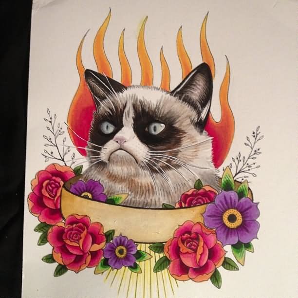 Traditional Flowers And Grumpy Cat Tattoo Design