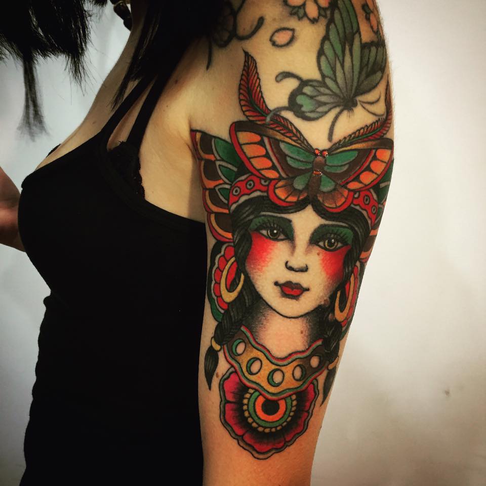 Traditional Girl Tattoo On Left Half Sleeve by Inkflow Claudio Cirinesi