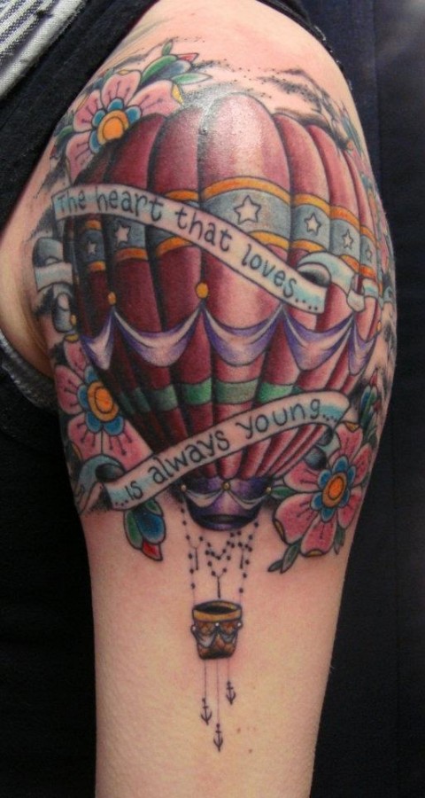 Traditional Hot Balloon Tattoo On Left Shoulder
