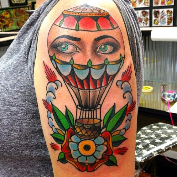 Traditional Hot Balloon Tattoo On Shoulder by Dusty Neal