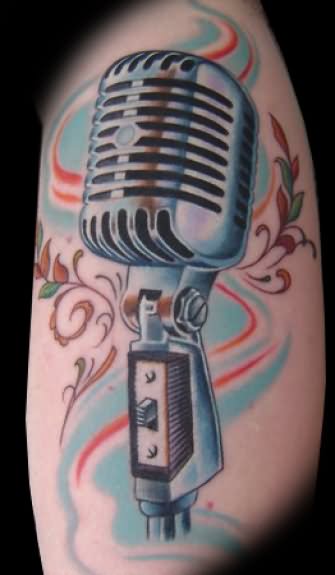 Traditional Microphone Tattoo On Back Leg
