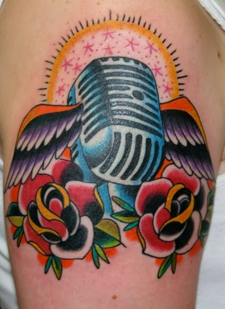 Traditional Rose And Microphone Tattoo On Shoulder