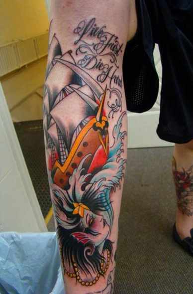 Traditional Ship Tattoo Design For Leg