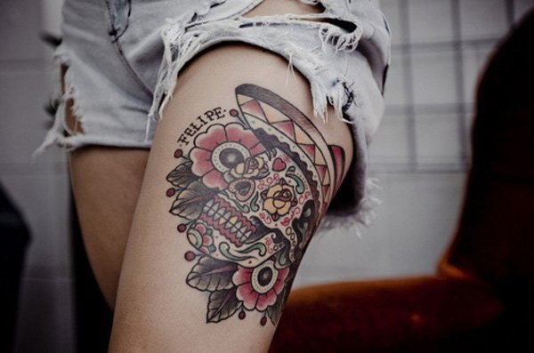 Traditional Sugar Skull With Flowers Tattoo On Girl Thigh