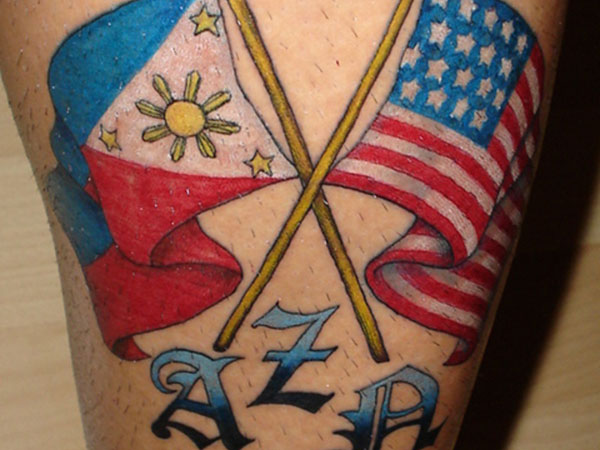 Two Crossing Filipino And USA Flag Tattoo Design For Sleeve