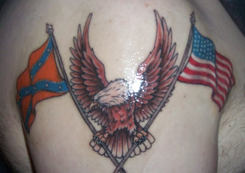 Two Crossing Rebel And USA Flag With Eagle Tattoo Design For Shoulder
