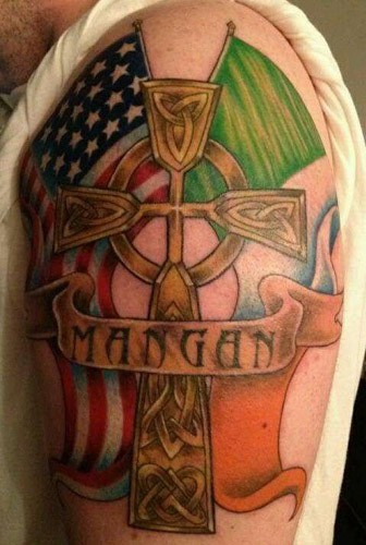 Two Irish And USA Flag With Cross And Banner Tattoo Design For Shoulder