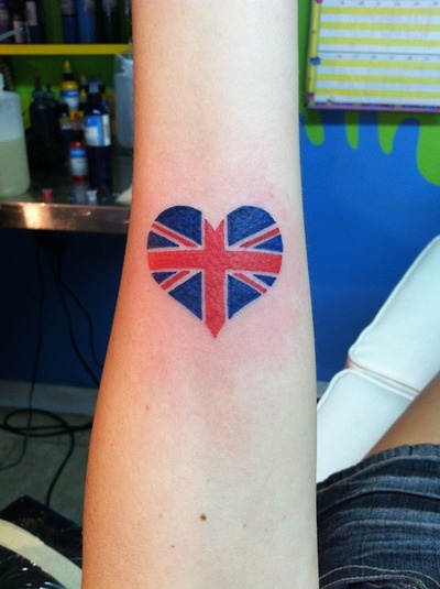 UK Flag In Heart Shape Tattoo Design For Forearm