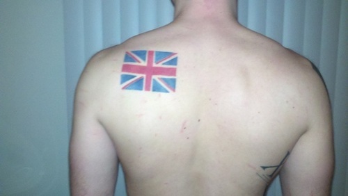 UK Flag Tattoo On Left Back Shoulder