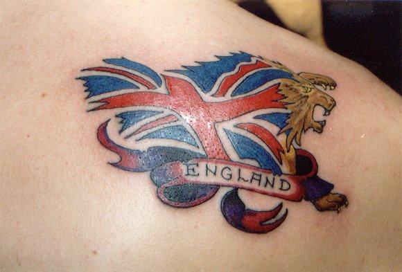 UK Flag With England Banner Tattoo On Right Back Shoulder