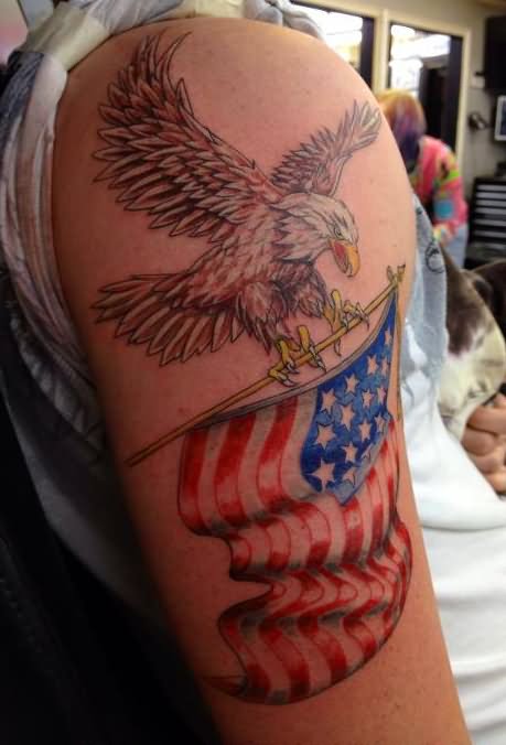 USA Flag In Eagle Claw Tattoo On Right Half Sleeve