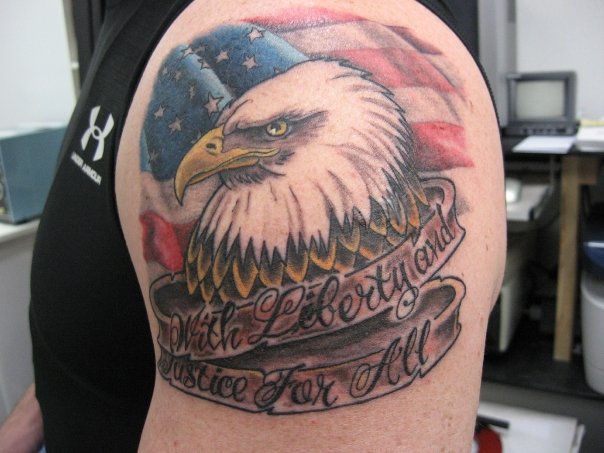 USA Flag With Eagle Head And Banner Tattoo Design For Shoulder