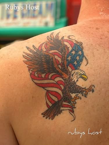 USA Flag With Flying Eagle Tattoo On Left Back Shoulder