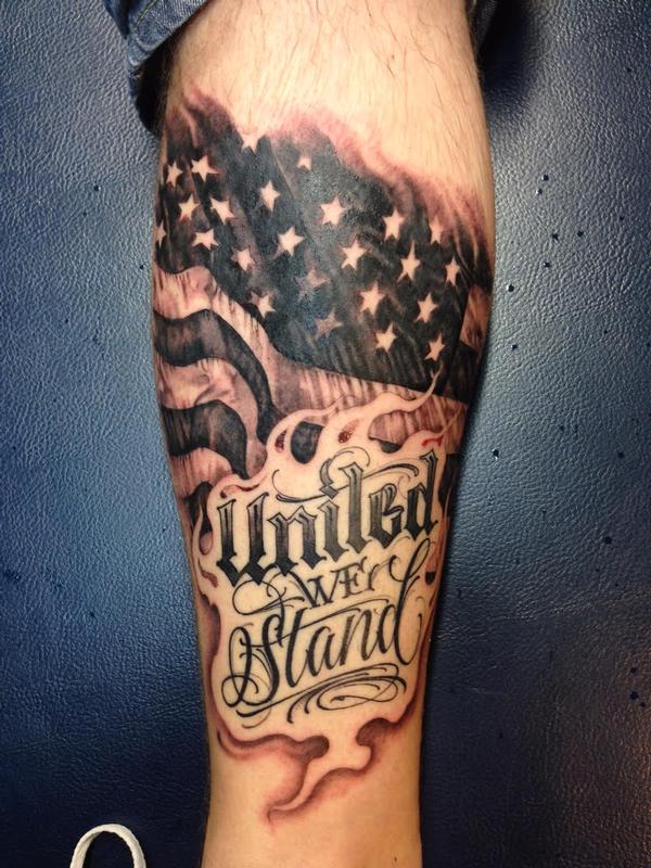 United We Stand - Black And Grey American Flag Tattoo Design For Leg