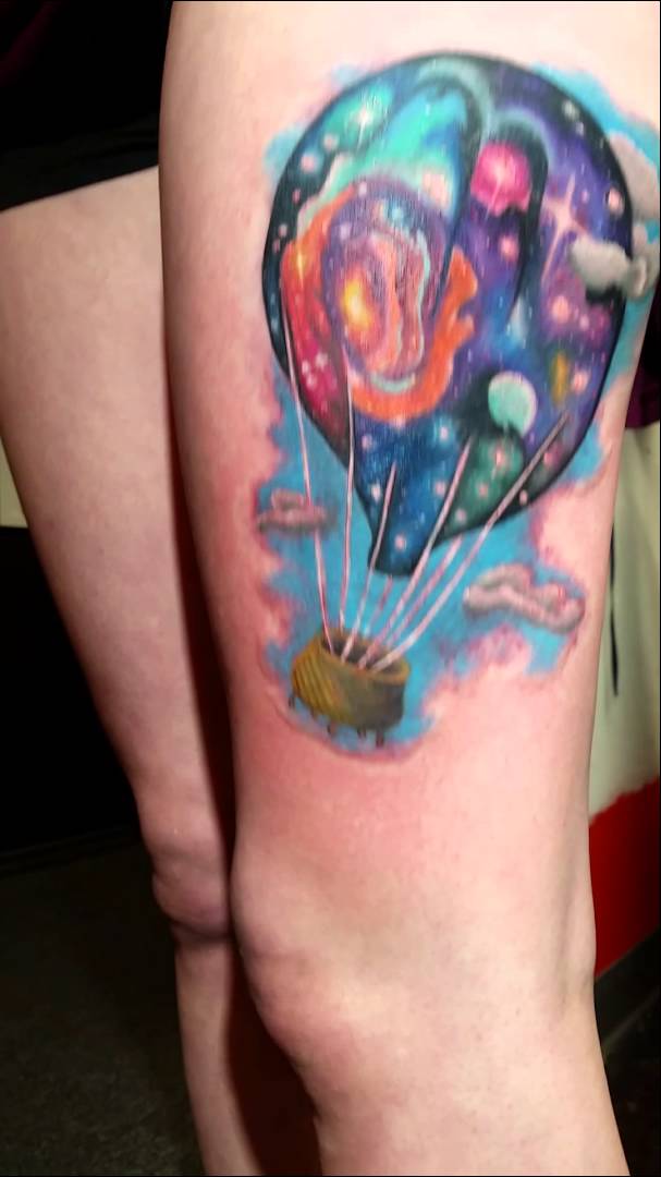 Watercolor Hot Balloon Tattoo On Left Thigh by Josh Wiley