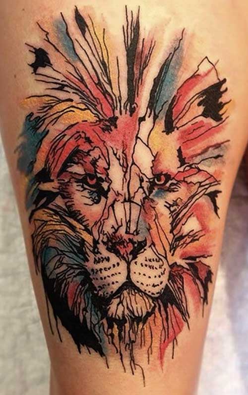 Watercolor Lion Head Tattoo On Thigh