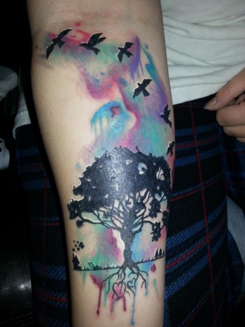 Watercolor Tree With Flying Birds Tattoo On Right Forearm
