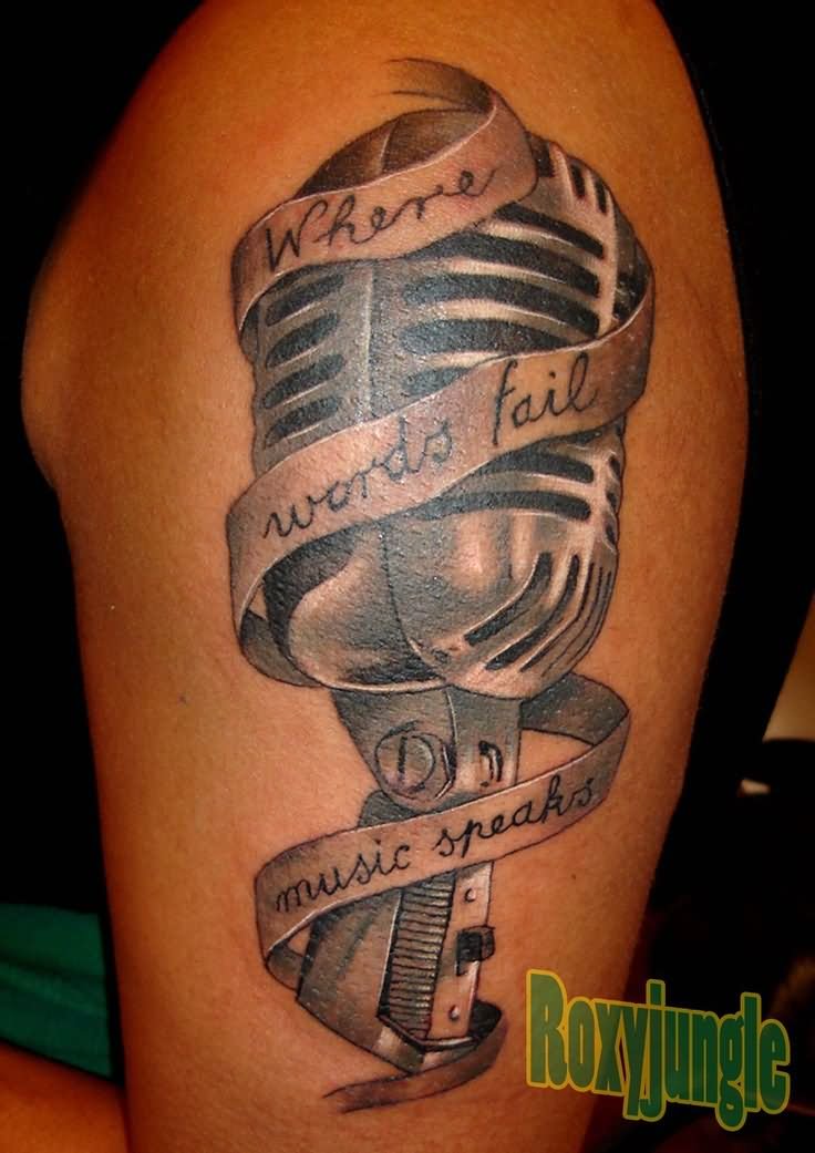 Where Words Fail Music Speaks Microphone Tattoo On Left Shoulder