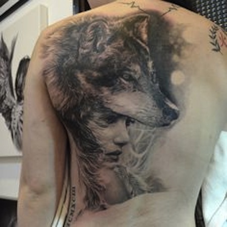 Wolf Girl Tattoo On Left Back Shoulder by Elvin Yong