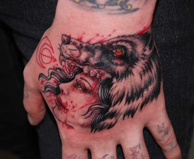 Wolf Girl Tattoo On Left Hand