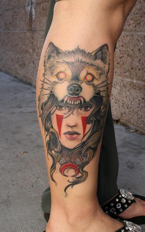 Wolf Girl Tattoo On Right Leg