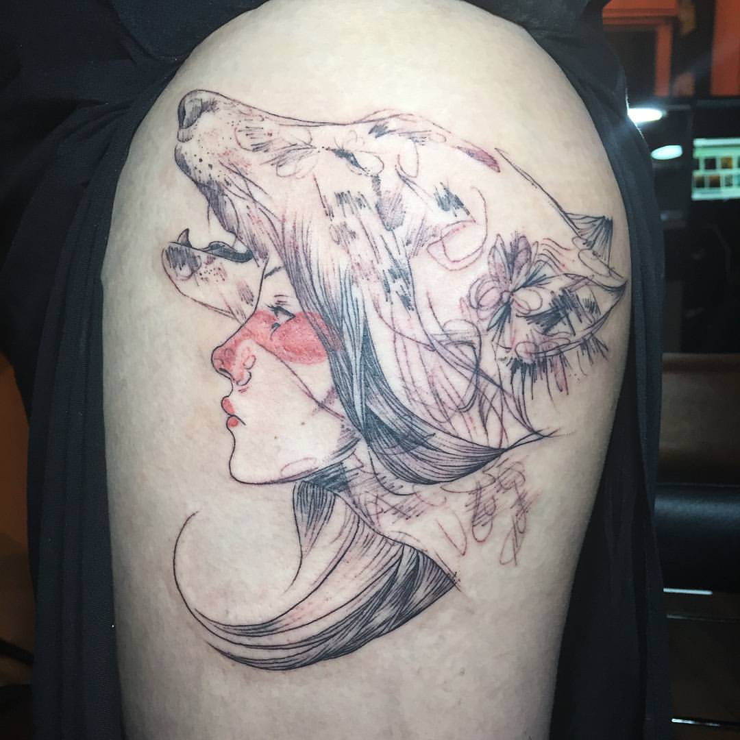 Wolf Girl Tattoo On Side Thigh