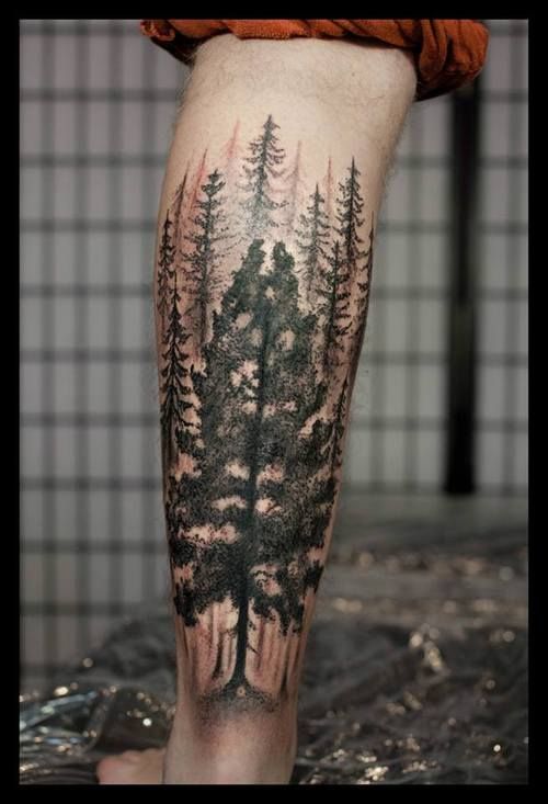 Wonderful Black Ink Tree Tattoo On Left Leg Calf