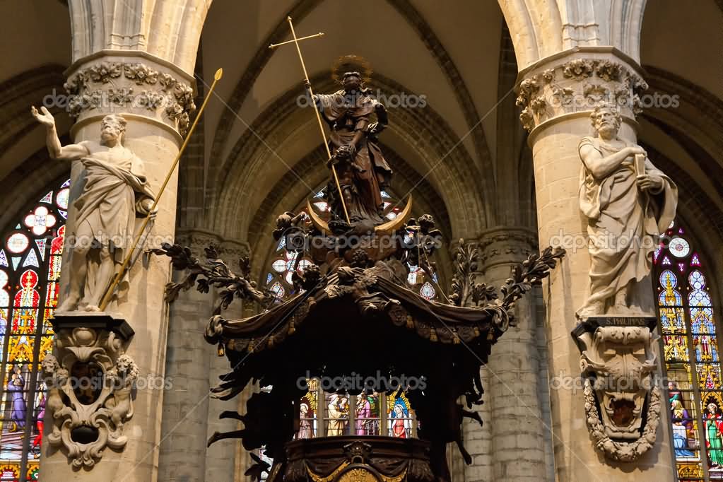 Wooden Pulpit Inside The St. Michael and St. Gudula Cathedral