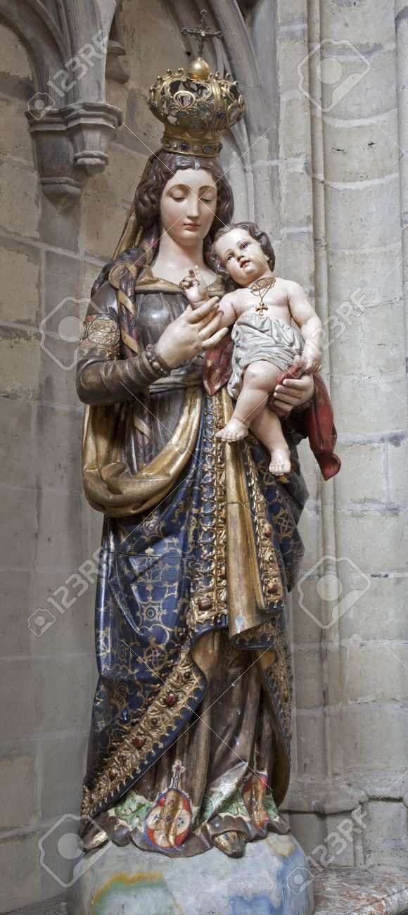 Wooden Statue of Virgin Mary With Little Jesus Inside The St. Michael and St. Gudula Cathedral