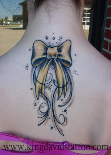 Yellow Ribbon Bow Tattoo On Upper Back
