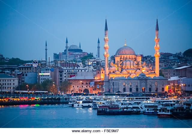 Yeni Cami At Night With Hagia Sophia Behind