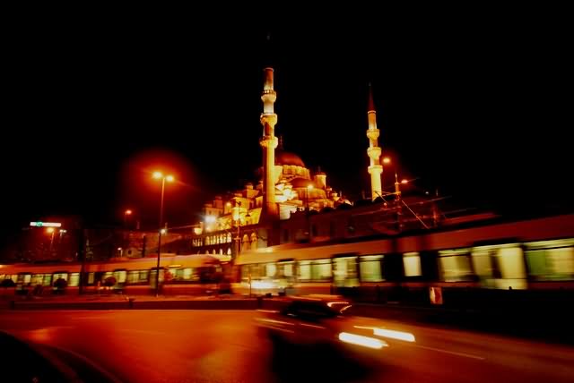 Yeni Cami Mosque In Istanbul At Night With Motion Lights