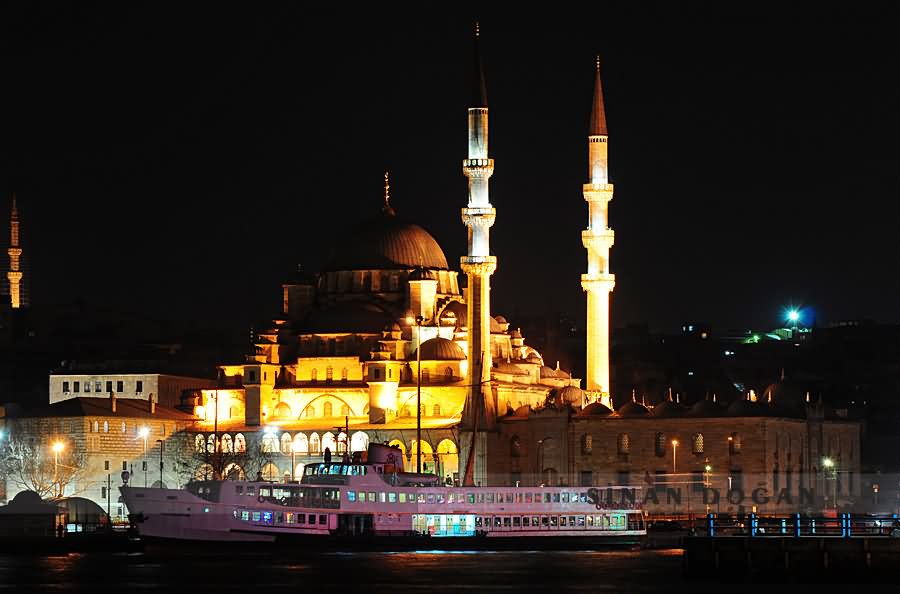 Yeni Cami Mosque In Istanbul Lit Up At Night