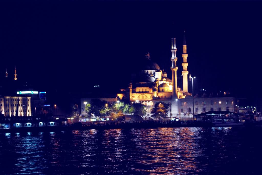 Yeni Cami New Mosque Night View Across The Bosphorus River
