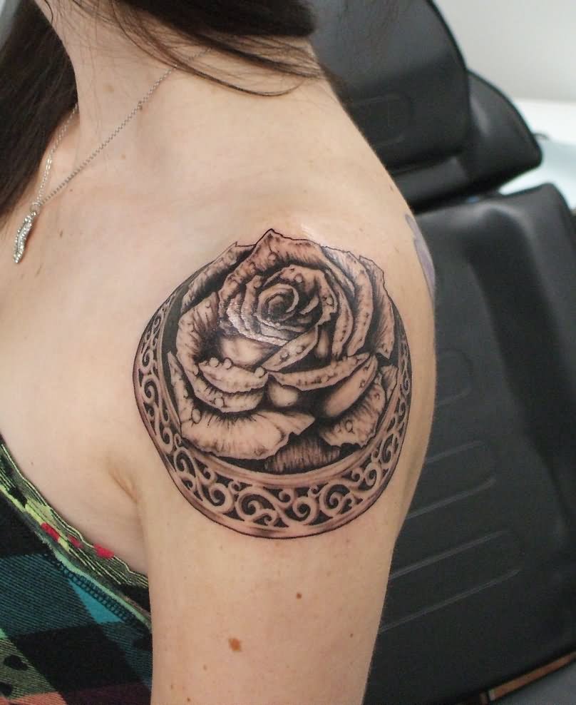 3D Black Ink Gothic Rose Tattoo On Girl Left Shoulder