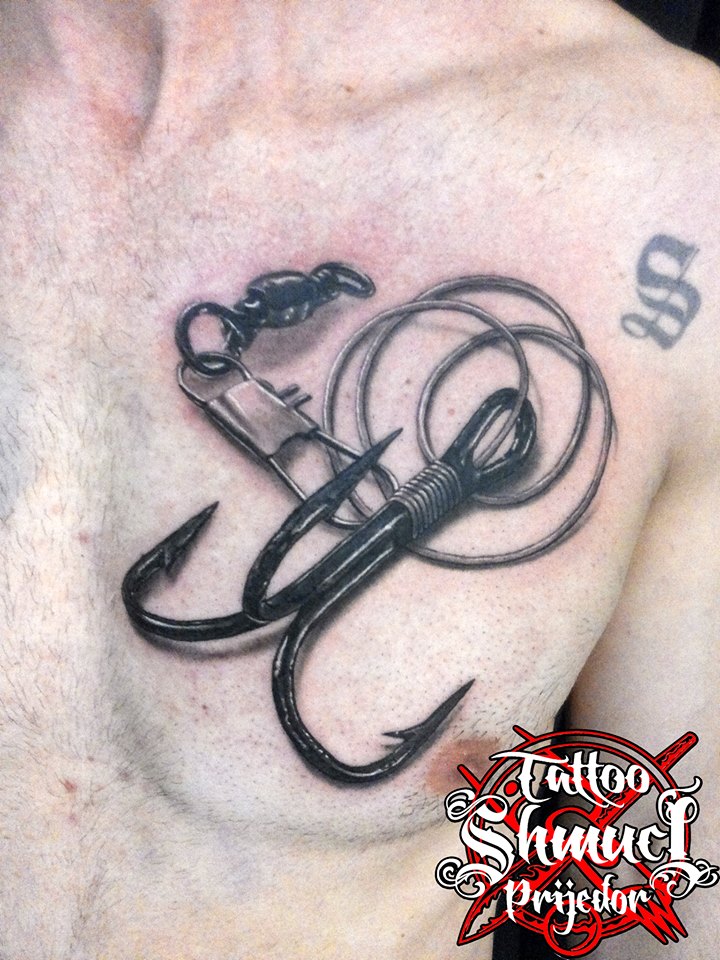 3D Hook Tattoo On Man Chest by Shmuci Tattoo