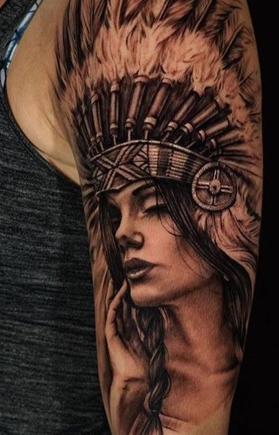 3D Indian Chief Girl Tattoo On Left Half Sleeve