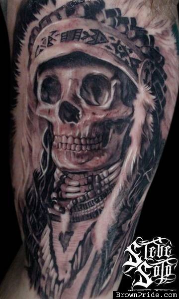3D Indian Chief Skull Tattoo Design For Half Sleeve