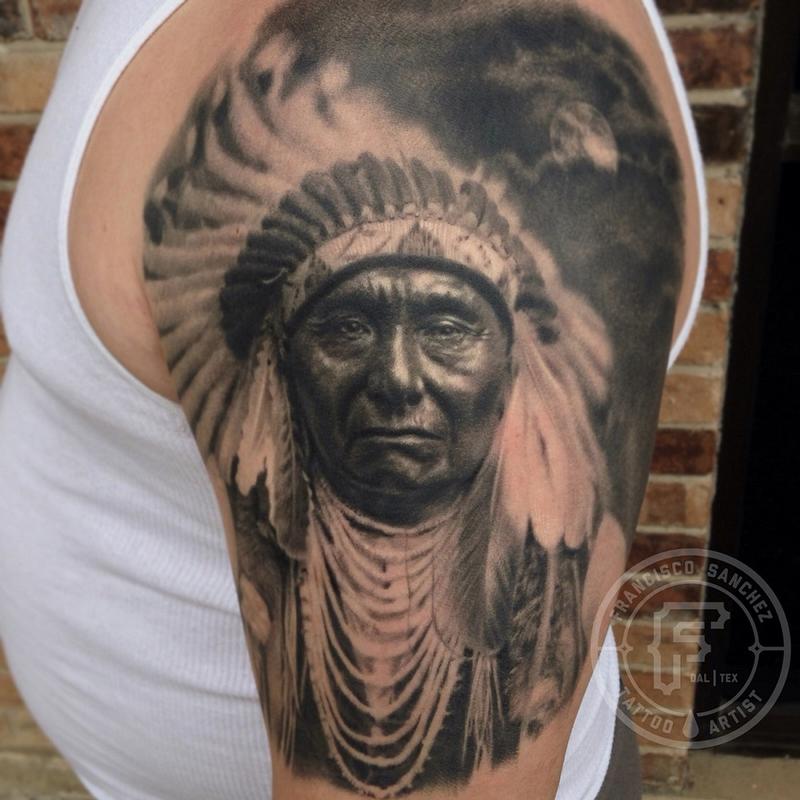3D Indian Chief Tattoo On Man Left Half Sleeve By Frank Sanchez