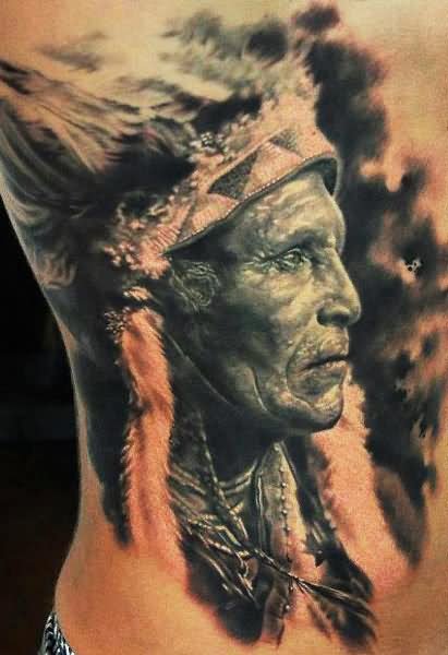 3D Indian Chief Tattoo On Man Side Rib By Den Yakovlev