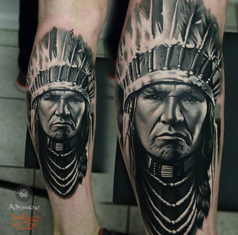 3D Native Indian Tattoo On Leg