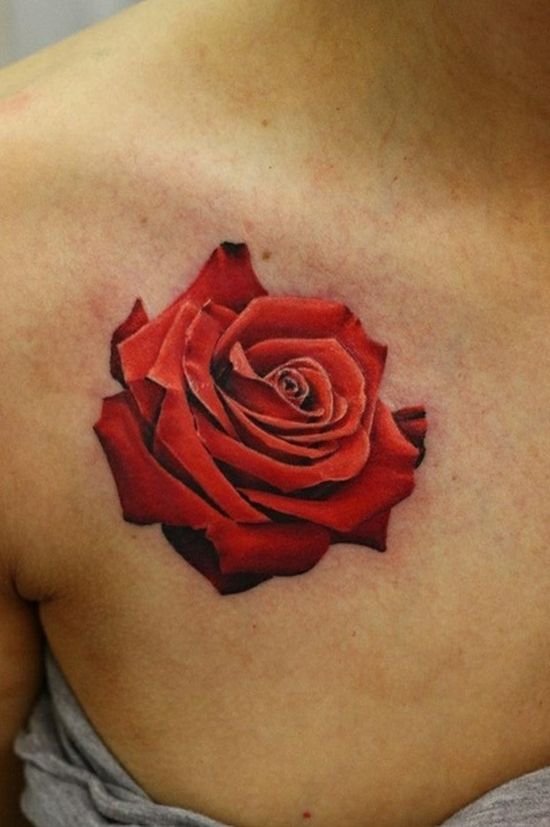 3D Red Rose Tattoo On Right Collar Bone By Maria Spinello